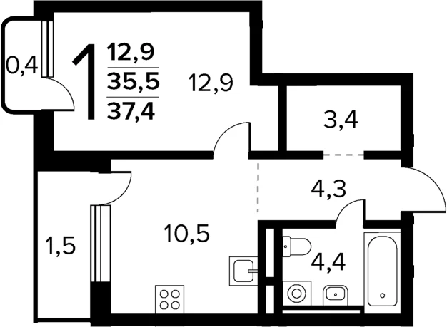 Планировка: 1-комнатная квартира 35,5 м² в ЖК «Новые Ватутинки Квартал у реки»