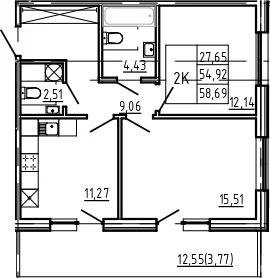 Планировка: 2-комнатная квартира 54,9 м² в ЖК «Bereg. Курортный»