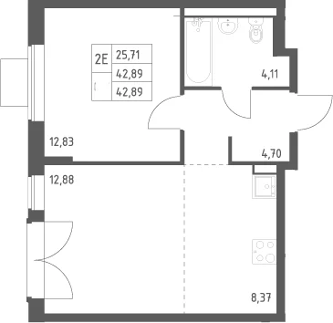 Планировка: Евродвушка 42,9 м² в ЖК «Квартал Западный»
