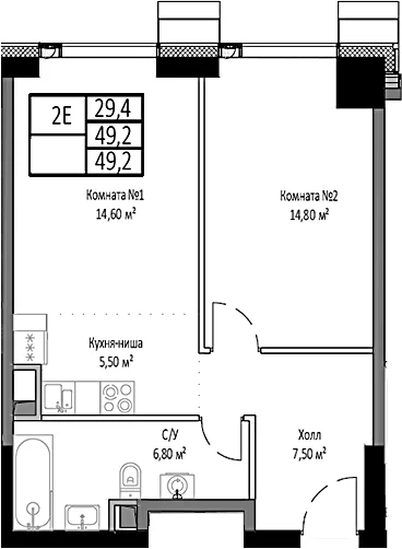 Планировка: Евродвушка 49,2 м² в ЖК «Мираполис»