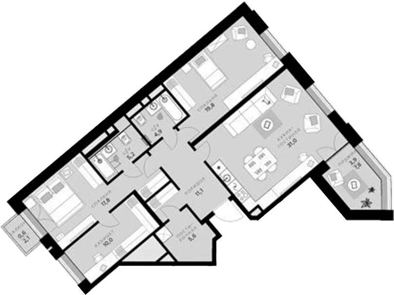 Планировка: 3-комнатная квартира 105,4 м² в ЖК «СберСити»