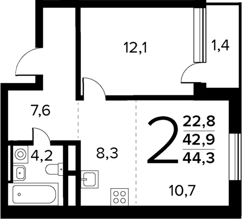 Планировка: Евродвушка 42,9 м² в ЖК «Новые Ватутинки Квартал у реки»