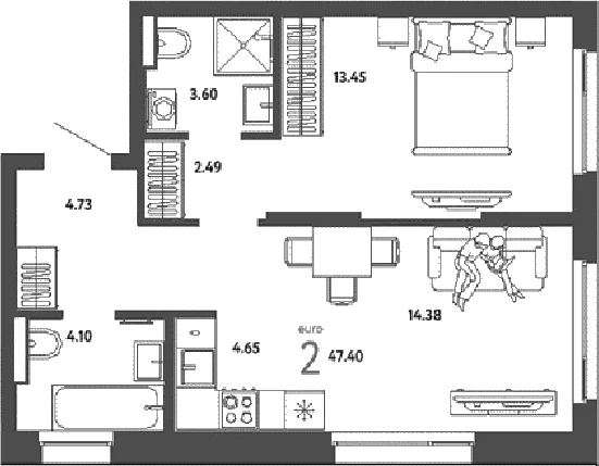 Планировка: Евродвушка 47,4 м² в ЖК «Страна.Парковая»