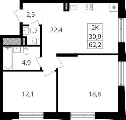 Планировка: 2-комнатная квартира 62,2 м² в ЖК «Семеновский парк 2»