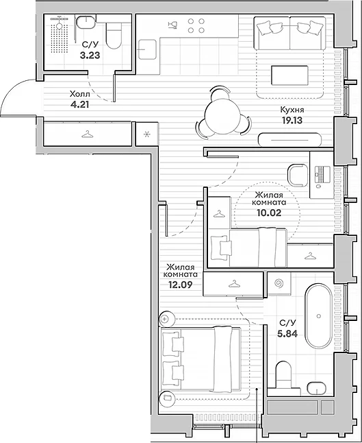 Планировка: 2-комнатная квартира 54,5 м² в ЖК «ИНДИВО»