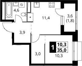 Планировка: 1-комнатная квартира 33,2 м² в ЖК «1-й Саларьевский»