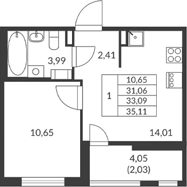 Планировка: 1-комнатная квартира 31,1 м² в ЖК «Амурино»