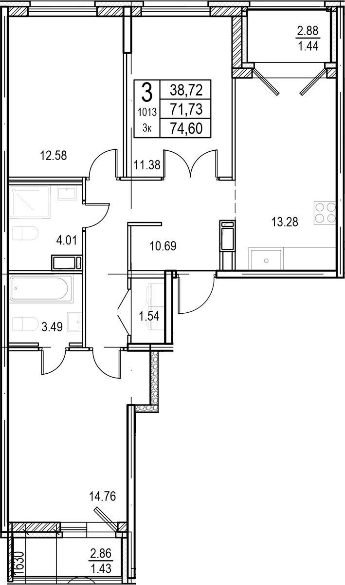 Планировка: 3-комнатная квартира 71,7 м² в ЖК «ID Murino III»