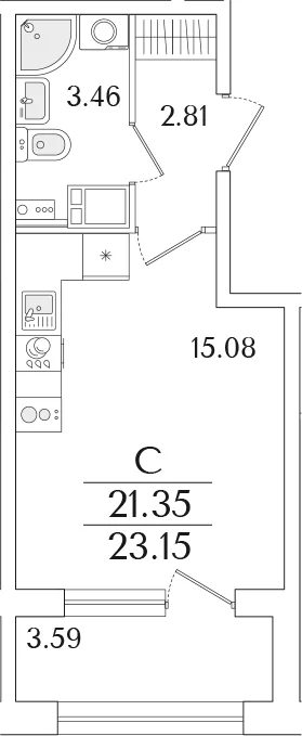 Планировка: Студия 21,4 м² в ЖК «Аурум»