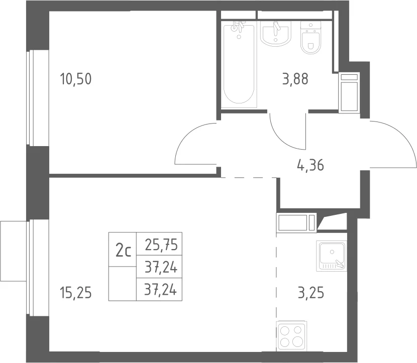 Планировка: Евродвушка 37,2 м² в ЖК «Пятницкие Луга»