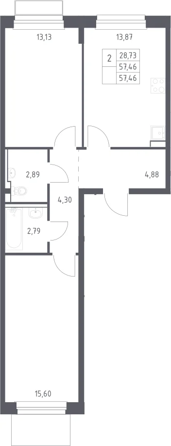 Планировка: 2-комнатная квартира 57,5 м² в ЖК «Новое Внуково»