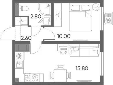 Планировка: Евродвушка 31,2 м² в ЖК «Ручьи 2»