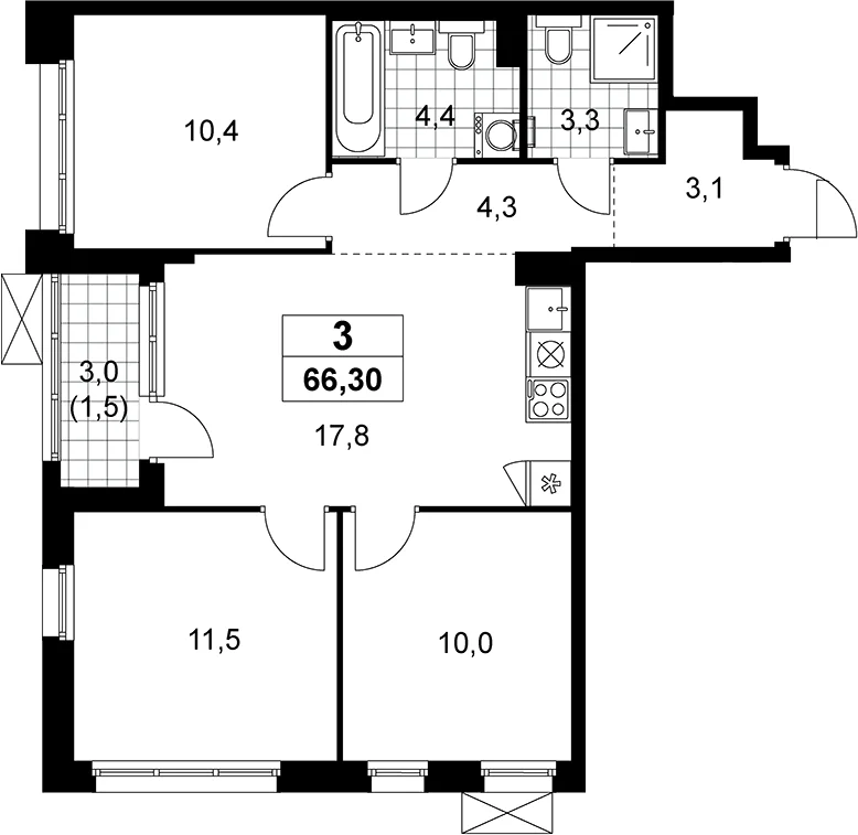 Планировка: Квартира евро-4 64,8 м² в ЖК «Прокшино»
