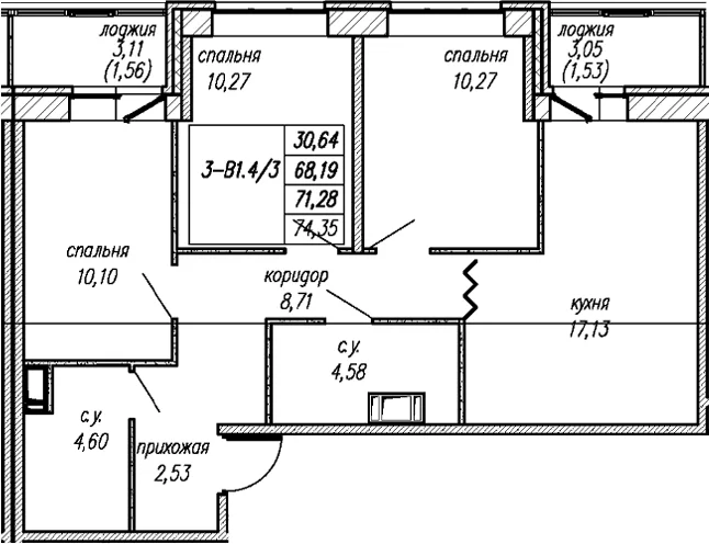 Планировка: Квартира евро-4 68,2 м² в ЖК «Уютный Новоселье»