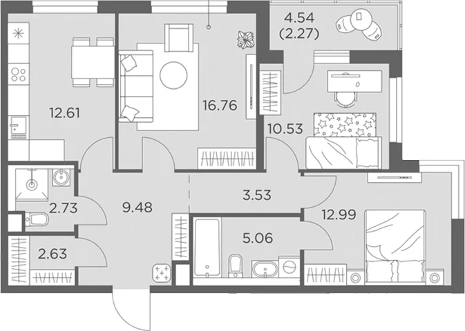 Планировка: 3-комнатная квартира 76,3 м² в ЖК «Одинград, квартал Семейный»