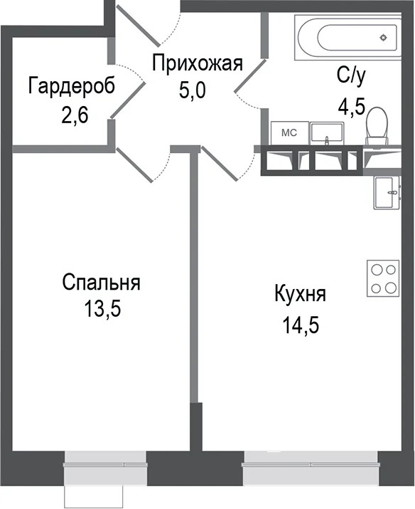 Планировка: 1-комнатная квартира 40,1 м² в ЖК «Киноквартал»