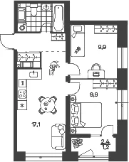 Планировка: Евротрёшка 45,4 м² в ЖК «Новый Питер»
