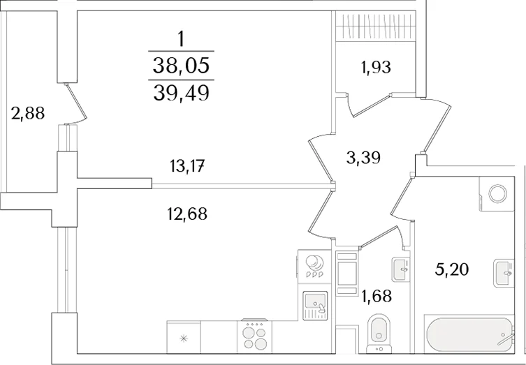 Планировка: 1-комнатная квартира 38,1 м² в ЖК «Кинопарк»