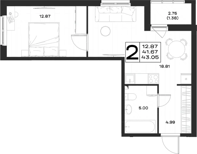 Планировка: Евродвушка 41,7 м² в ЖК «Имена»