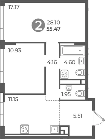 Планировка: 2-комнатная квартира 55,5 м² в ЖК «Нижегородская от Гранель»