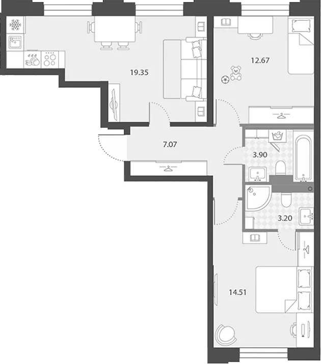 Планировка: Евротрёшка 60,7 м² в ЖК «Цивилизация на Неве»