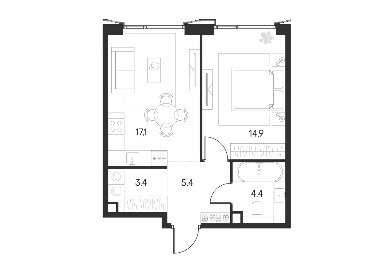 Планировка: Евродвушка 45,2 м² в ЖК «Клубный город на реке Примавера»