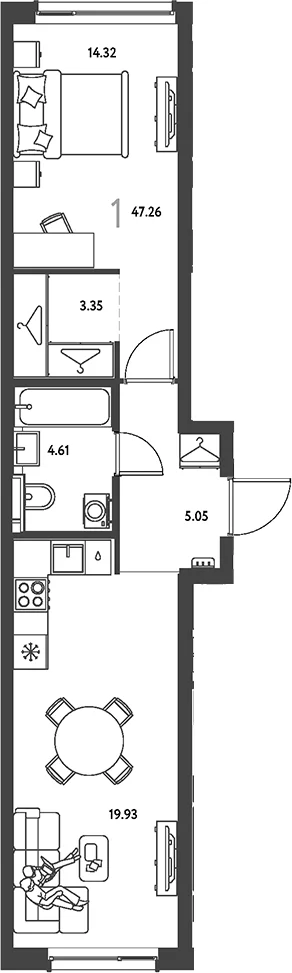 Планировка: 1-комнатная квартира 47,3 м² в ЖК «Страна.Парковая»