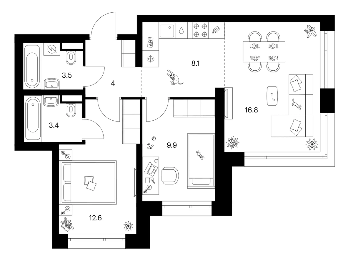 Планировка: Евротрёшка 58,3 м² в ЖК «Строгино 360»