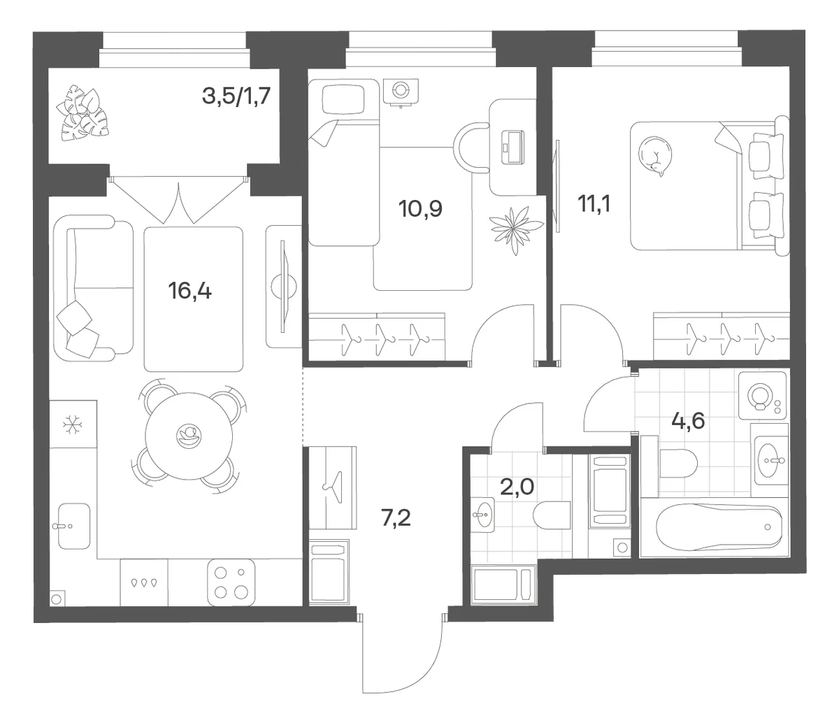 Планировка: Евротрёшка 50,8 м² в ЖК «Речной Квартал»