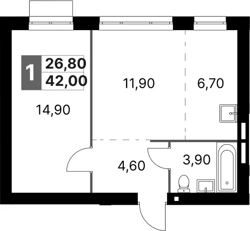 Планировка: Евродвушка 42 м² в ЖК «Апрелевка Клаб»