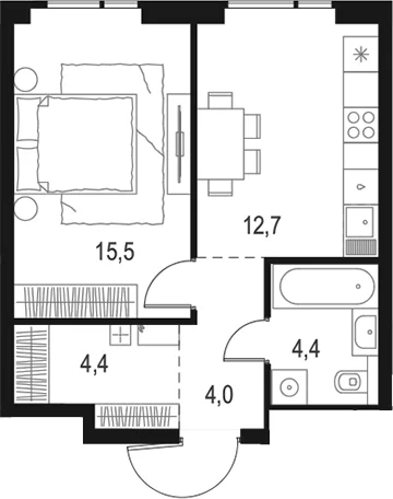Планировка: 1-комнатная квартира 41 м² в ЖК «Левел Войковская»