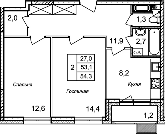 Планировка: 2-комнатная квартира 53,1 м² в ЖК «Квартал Светлый»