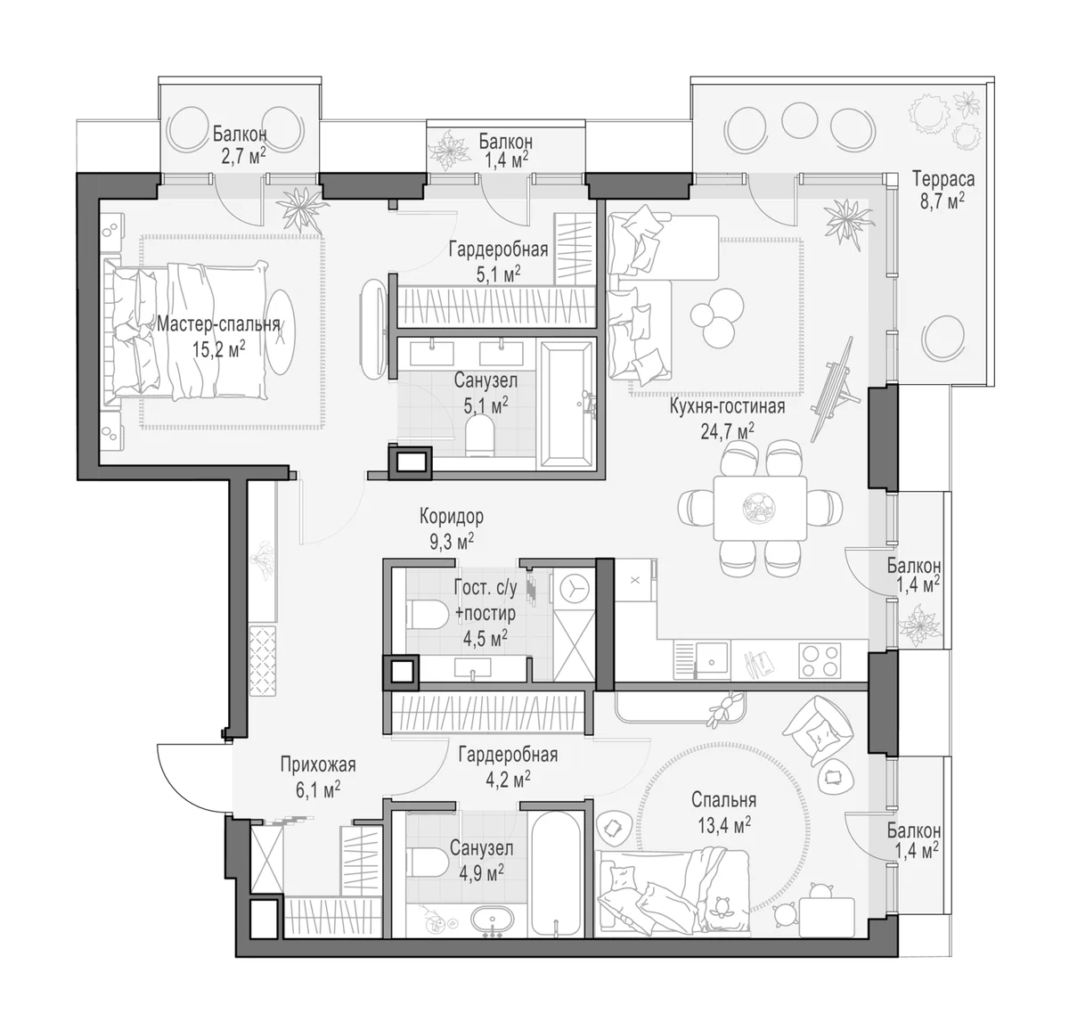 Планировка: Евротрёшка 91,7 м² в ЖК «Квартал Тишинский бульвар»