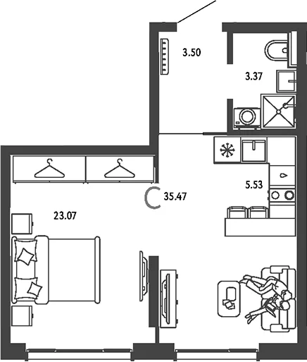Планировка: Студия 35,5 м² в ЖК «Страна.Парковая»