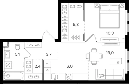 Планировка: Евродвушка 46,3 м² в ЖК «НАЗАРЕ»