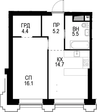 Планировка: 1-комнатная квартира 46,8 м² в ЖК «Высотка на Жукова»
