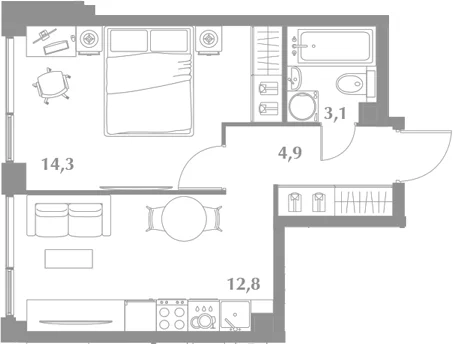 Планировка: 1-комнатная квартира 35,1 м² в ЖК «Зиккурат Преображенский»