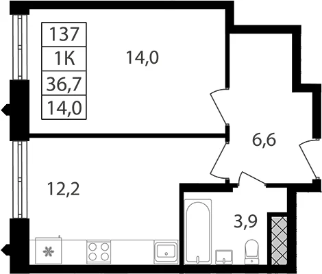 Планировка: 1-комнатная квартира 36,7 м² в ЖК «Варшавские ворота»
