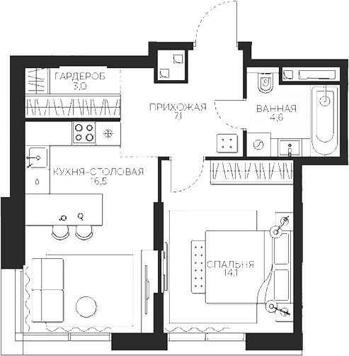 Планировка: 1-комнатная квартира 45,3 м² в ЖК «Кутузов Сити»