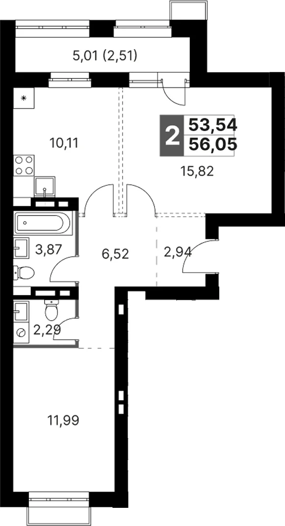 Планировка: 2-комнатная квартира 53,5 м² в ЖК «Жаворонки Клаб»