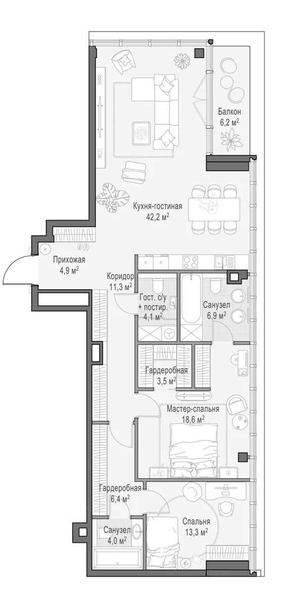 Планировка: Евротрёшка 117,9 м² в ЖК «Клубный квартал Фрунзенский»