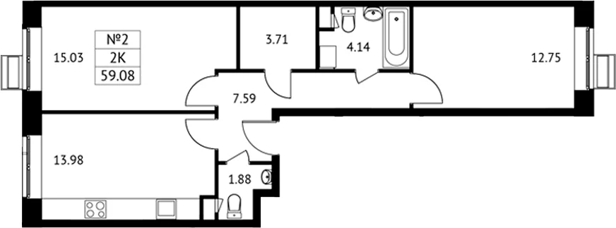 Планировка: 2-комнатная квартира 59,1 м² в ЖК «Новотомилино»