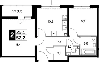Планировка: 2-комнатная квартира 51,4 м² в ЖК «Южная Битца»