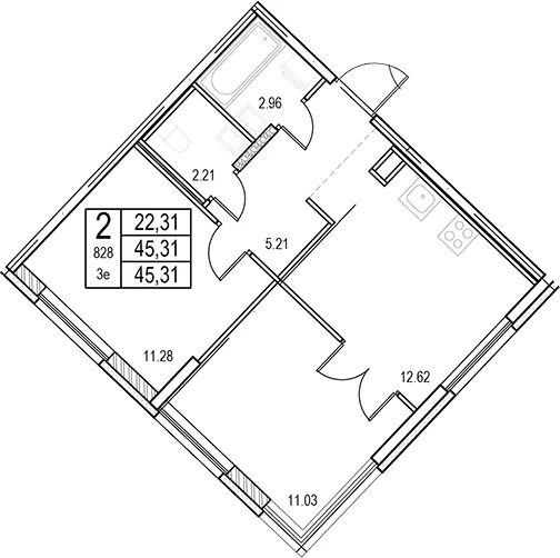 Планировка: Евротрёшка 45,3 м² в ЖК «ID Murino III»
