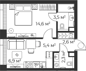 Планировка: Евродвушка 35,3 м² в ЖК «Веер»