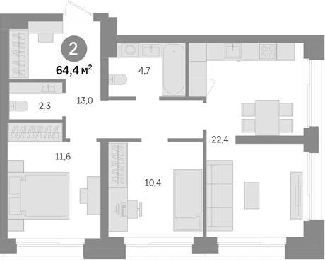 Планировка: 2-комнатная квартира 64,4 м² в ЖК «Квартал Издание»