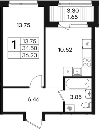 Планировка: 1-комнатная квартира 34,6 м² в ЖК «Парголово»