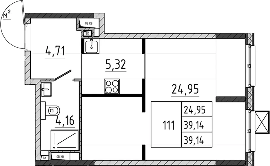 Планировка: Студия 39,1 м² в ЖК «Поварово-Молодежный-2»