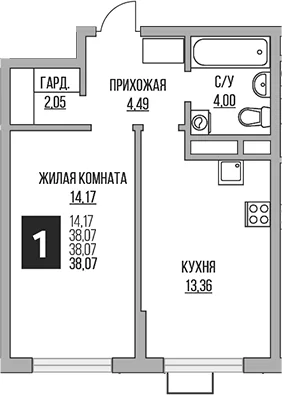 Планировка: 1-комнатная квартира 38,1 м² в ЖК «Гранель Алексеевская роща»