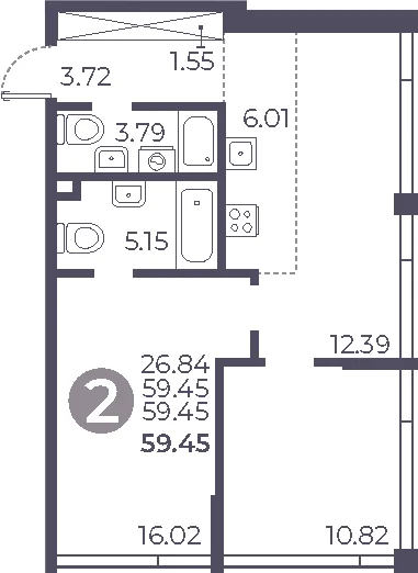 Планировка: 2-комнатная квартира 59,5 м² в ЖК «Мневники от Гранель»